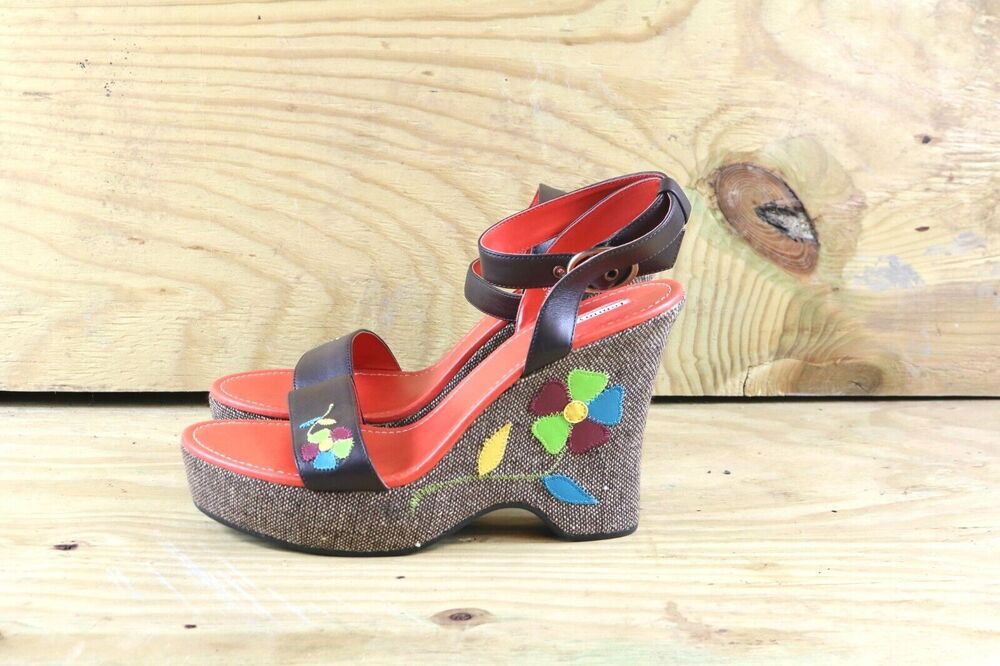 New Tommy Girl Shoes 10M Platform Tweed Floral Embroidered Leather Sandals Shoes